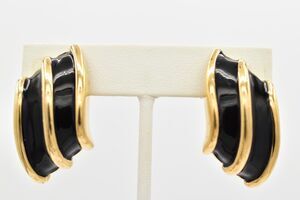 Puccini Vintage Clip Earrings Black Enamel Gold Tone Heavy Chunky Signed BinZ